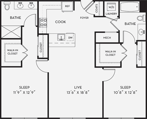 Floor plan for 2 beds, 2 baths, 1085 sqft